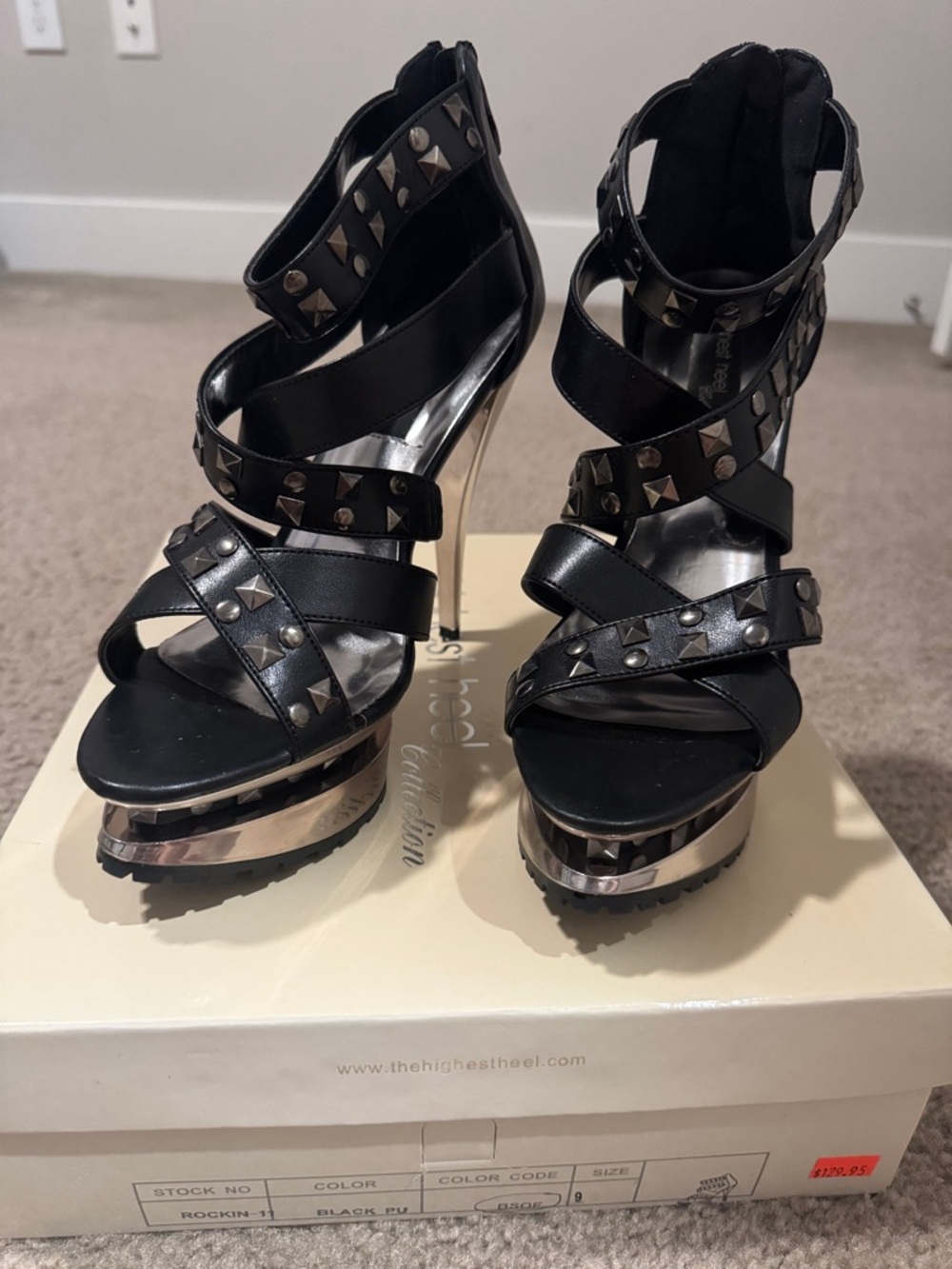 Black Studded Strappy Platform Heels with Metallic Accents